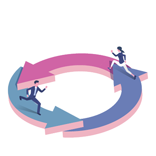 循環する矢印と利用者のイラスト